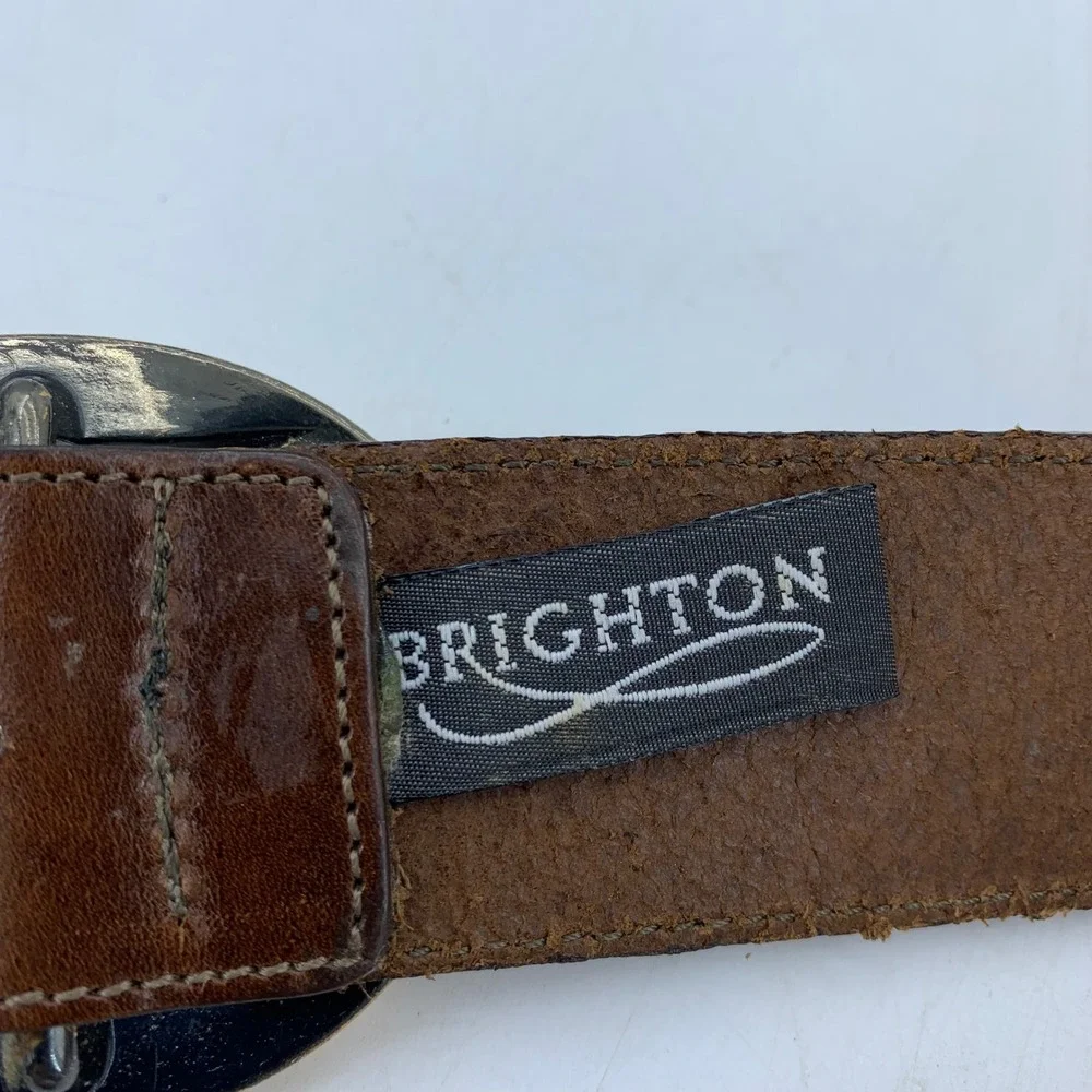 Vtg 90s Brighton Leather Belt Gold Buckle USA Large Southwestern Cowgirl Boho